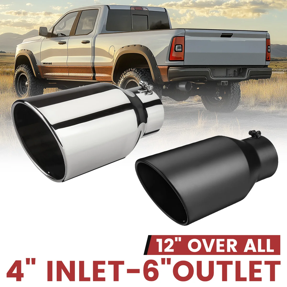 

4 Inch Inlet 6 Inch Outlet Universal Car Straight Exhaust Tail Throat Tailpipe Exhaust Tip 12inch Length Tailpipe Anti-Corrosive