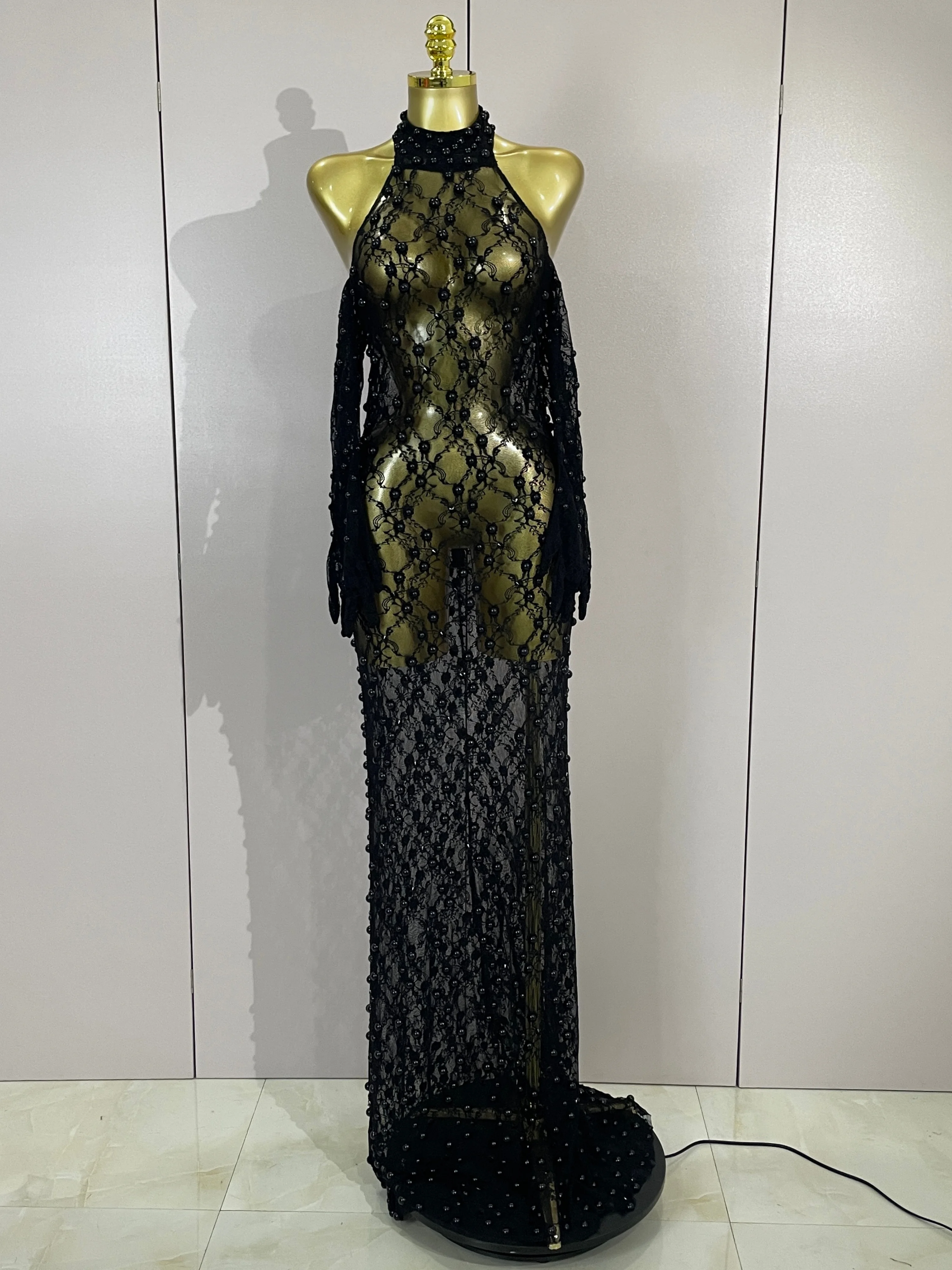

Luxury Black Lace Pearls Backless See Through Long Dress With Gloves Elegant Evening Party Celebrity Sexy Nightclub Stage Wear