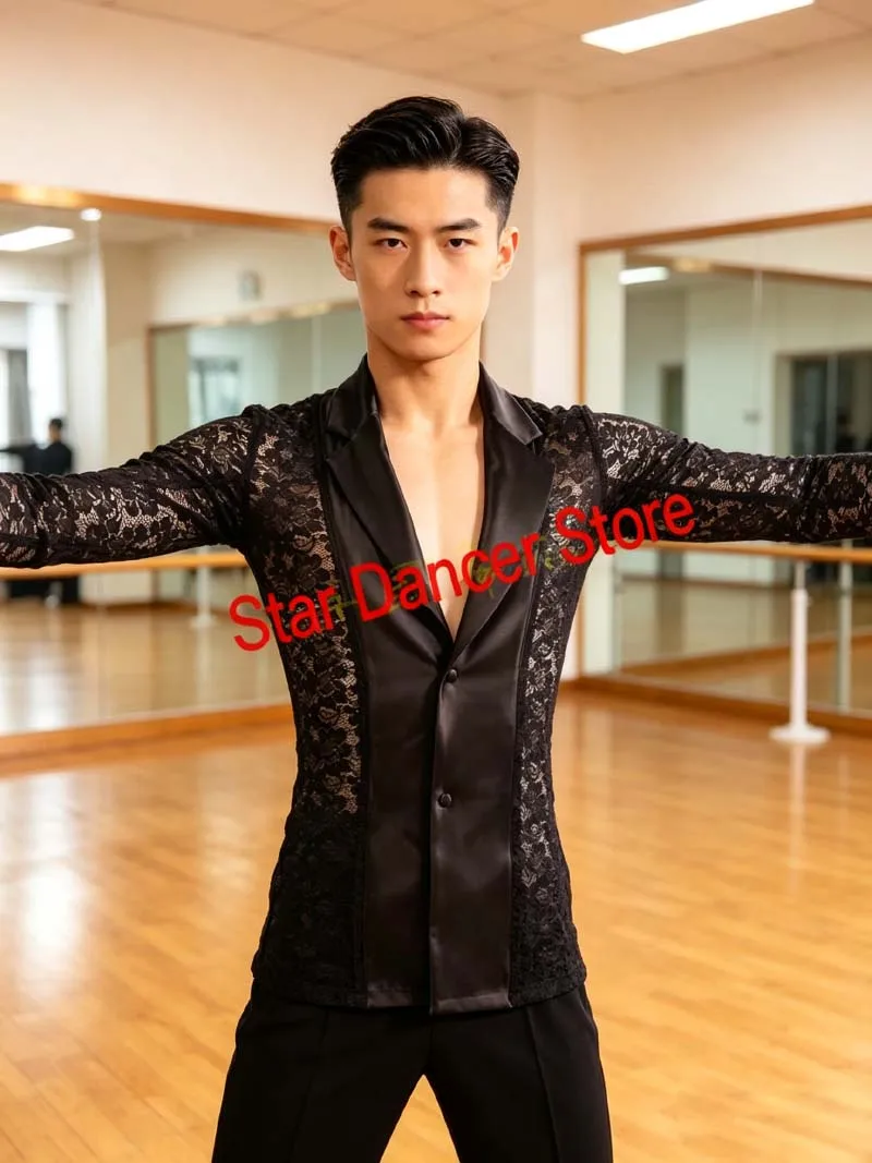 Men Standard Performances Dance Clothes New Black V Neck Advanced Latin Ballroom Waltz Flamenco Dancing Leotard