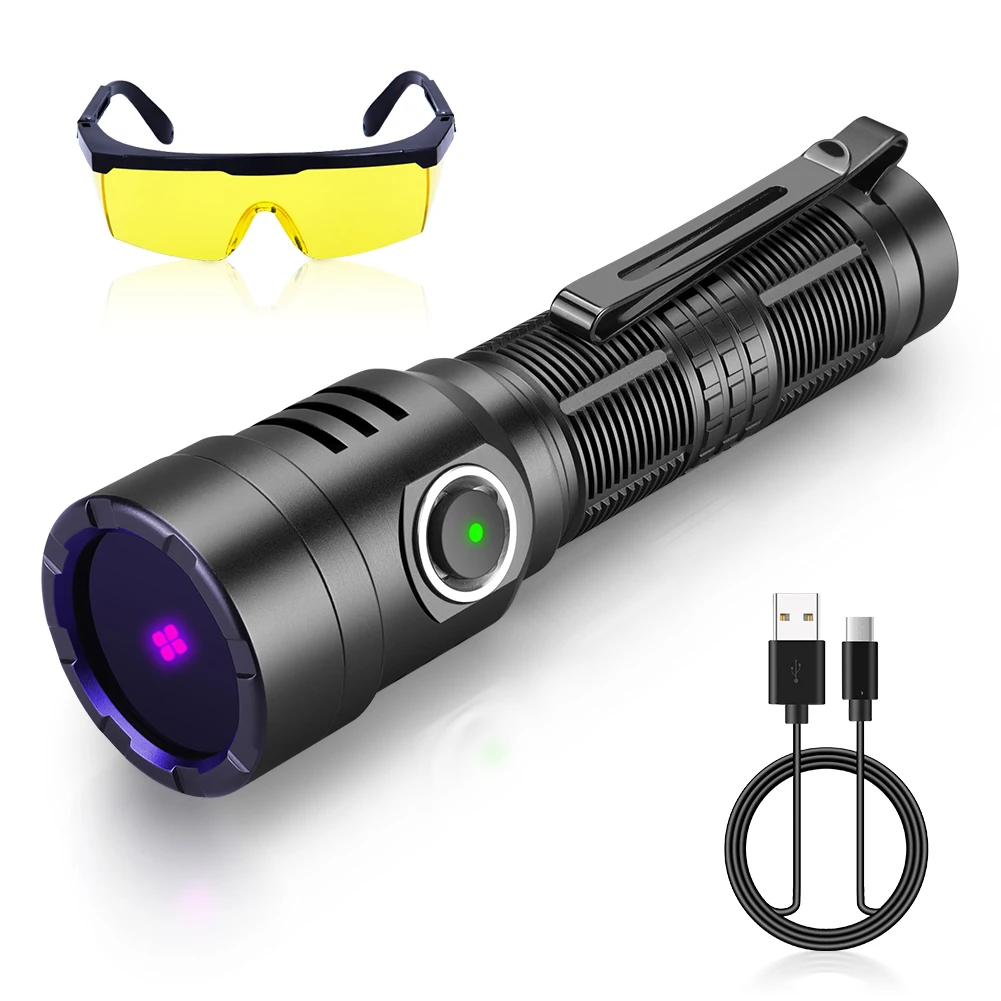 UniqueFire H9 UV365NM Black Light LED Flashlight USB-C Rechargeable Ultraviolet with Filter-Detector for Pet Urine,Resin Curing