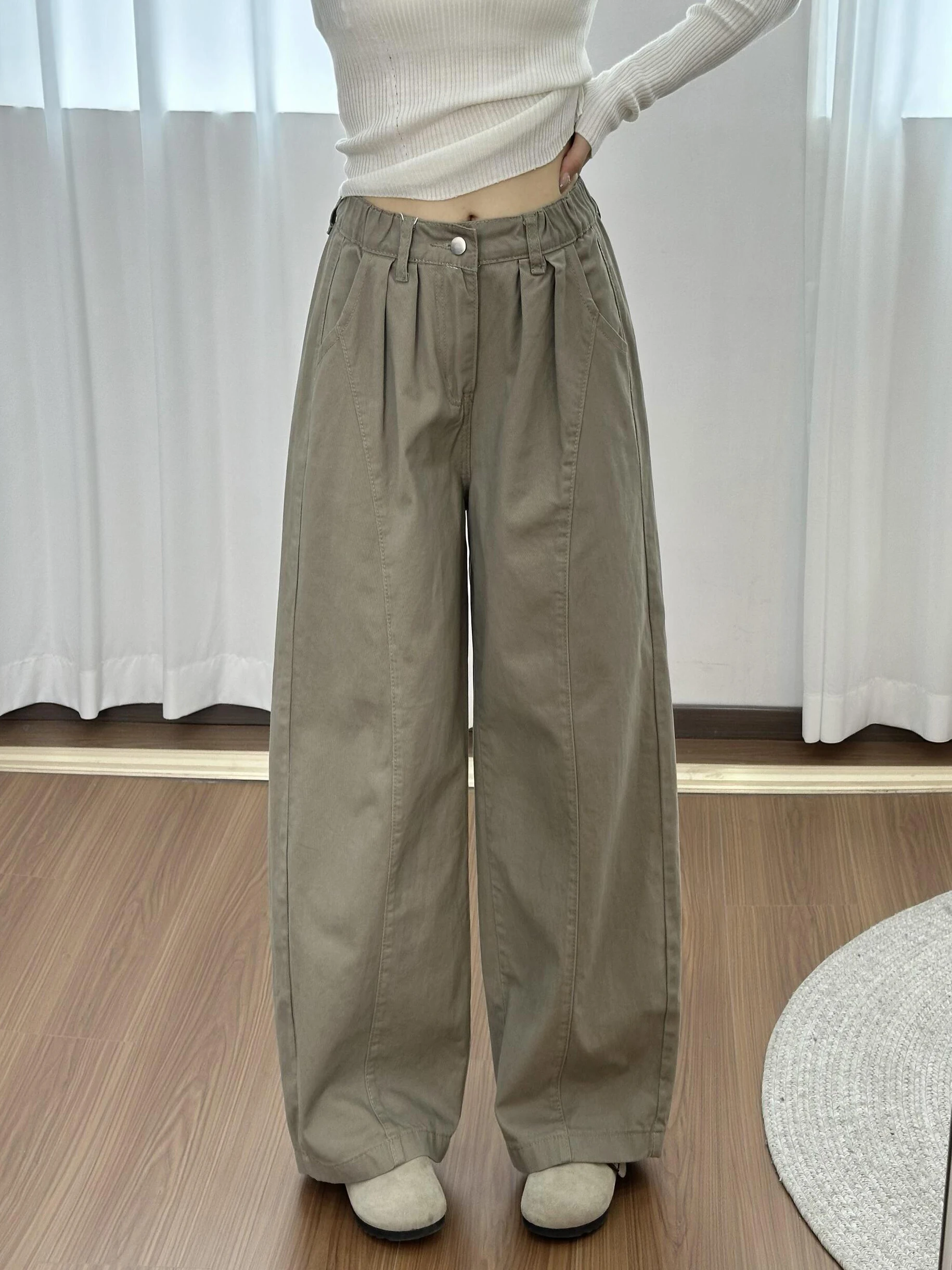 

Большие размеры, американские ретро хаки, широкие повседневные брюки, женские весенне-осенние свободные узкие прямые брюки с высокой талией