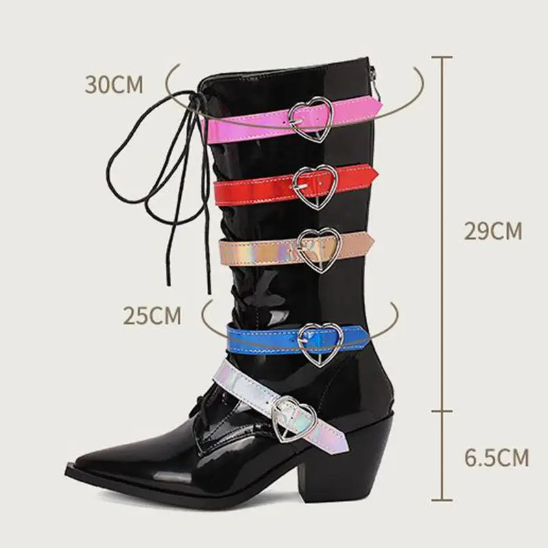 ASILETO Fashion Women Boots Pointed Toe Block Heels 6.5cm Zipper Lace Up Colorful Belt Buckle 44 45 46 Show Bota