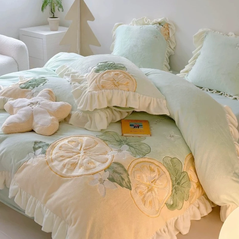 Cute Cartoon Lemon Milk Velvet Four Piece Set Winter Thick Double-sided Plush Coral Velvet Duvet Cover Girls'bedding