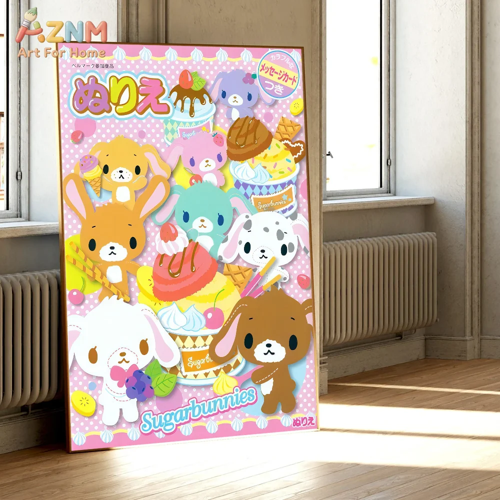 AZNM Sugarbunnies Bonbonribbon Pink Cute Rabbit Cartoon Canvas Wall Art Unframed Girls Room Decor Poster