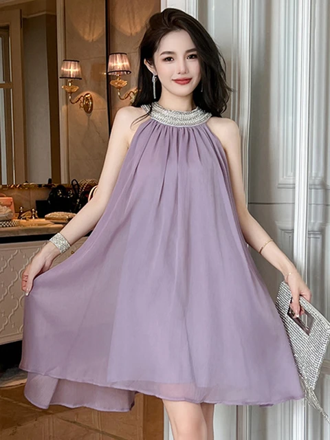 Gentle Style Chiffon Dresses Women Purple Diamond Halter A line Loose Short Gown Girl Prom Dress Fairy Party Holiday Vestidos AliExpress