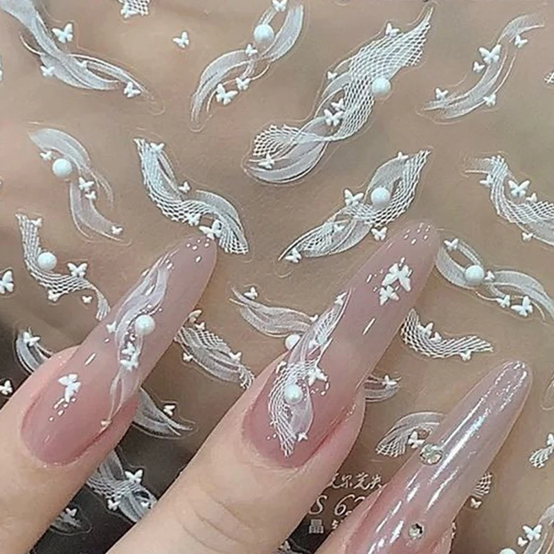 1 folha de fita de renda branca com pérola adesivos de unhas adesivo arte de unha decoração de arte de unha