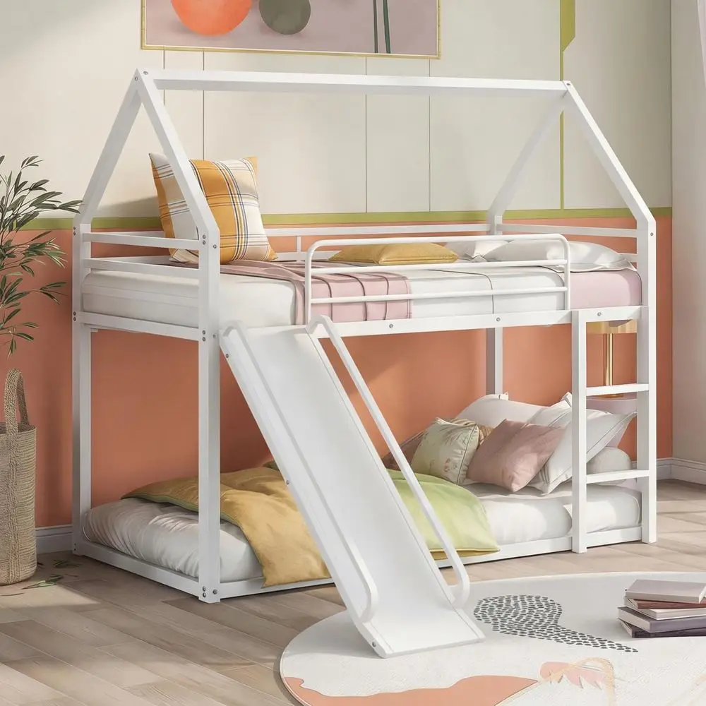 Twin Over Twin Metal loor Bunk Bed with Slide,Metal Junior House Twin Size House Bunk Bed e with Ladder & Roo or Boy Girl, No Bo