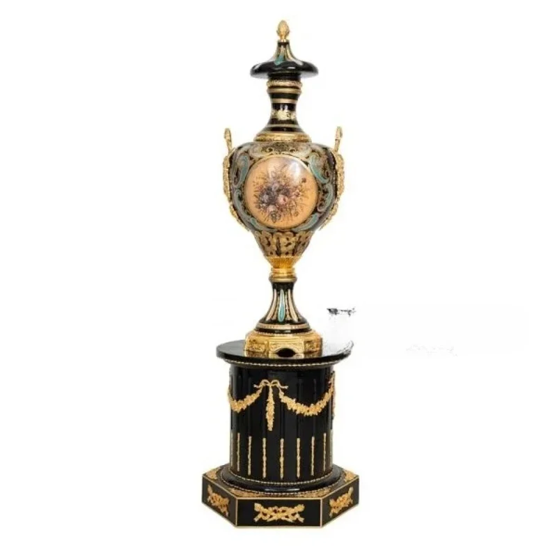Antique-style decorative porcelain and gold brass vases with floral paintings and elegant black pedestals
