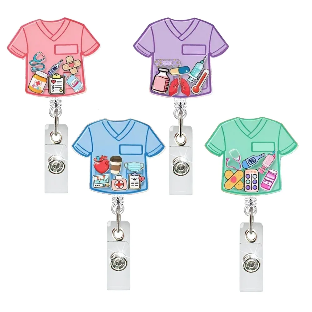 Cartoon Flat Nurse Uniform Medical Element Acrylic Retractable Badge Reel ID Card Holder with Clip Healthcare Puller for Doctors