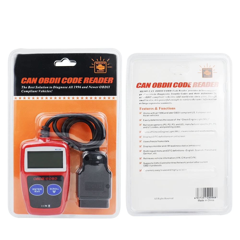 MS309 OBD2 Code Reader Digital Car Diagnostic Tools Fault Code Clear OBD 2 Scanner Engine Light O2 Sensor Tester Accessories 12V