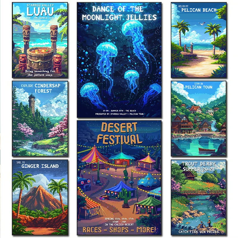 Moonlight Stardew Valley Festival dibujos animados hielo invierno bosque postre carteles lienzo pinturas impresión pared arte imágenes decoración del hogar