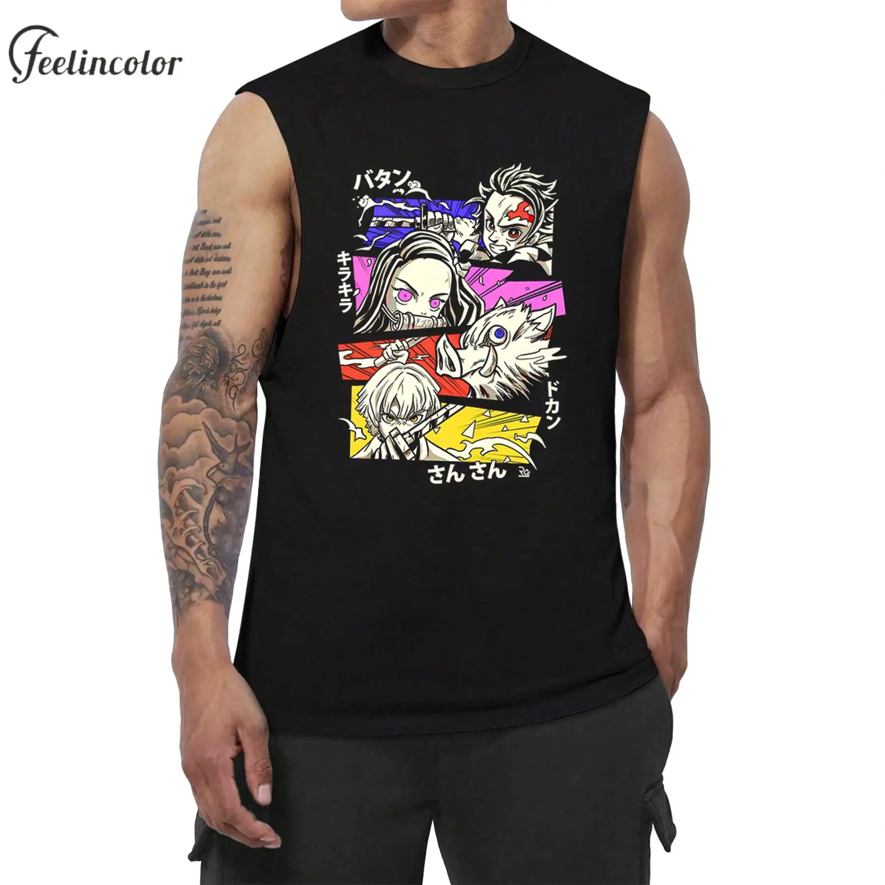 Tanjiro Kamado Graphic Shirt for Men Japanese Anime Print Tank Top Zenitsu Agatsuma Sleeveless Tee Inosuke Hashibira Streetwear