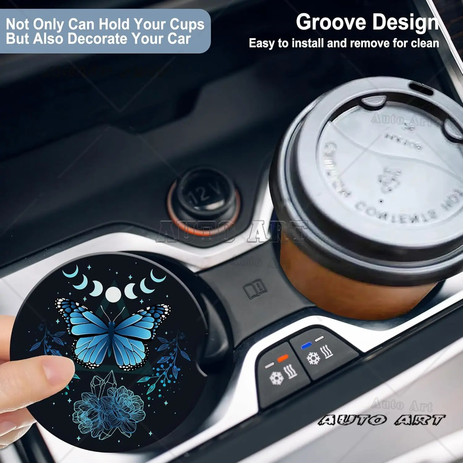 Car Cup Coaster Butterfly Abstract Mystic Sign for Cup Holders Universal Non-Slip Ceramic Vehicle Interior Accessories 2 Pack