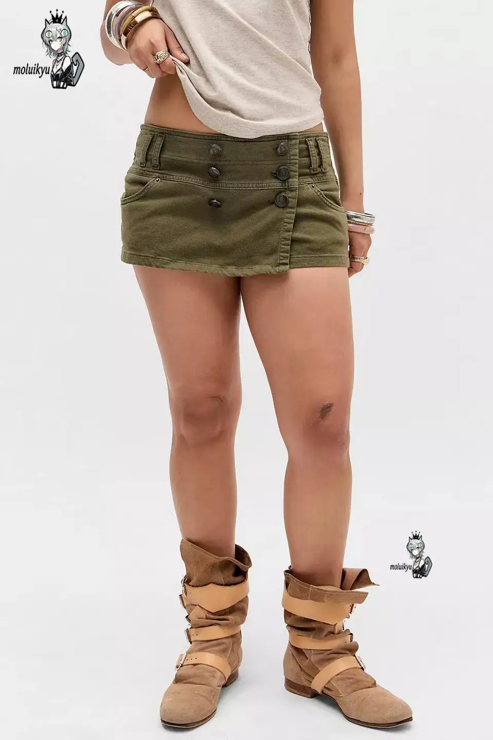 American Y2K Retro Button Military Green Skirt Harajuku Women's Washed Denim Tight Low-Waist Fashion Skirt Cargo Short Skirt view 2
