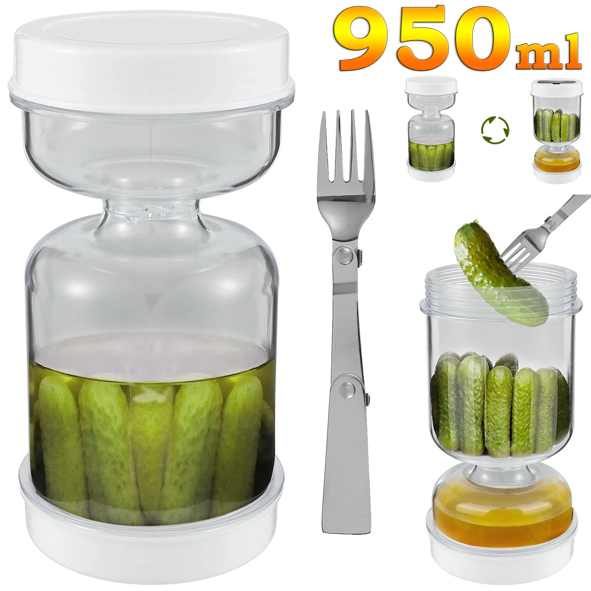 Jarra de picles com garfos, 950ml, azeitonas, ampulheta, dispensador seco e molhado, recipiente de pepino para cozinha, ferramentas separadoras de suco