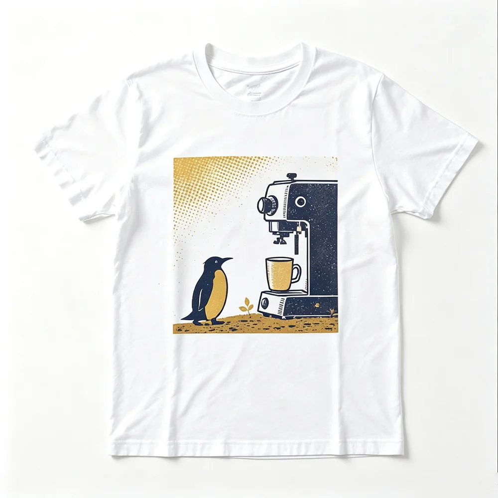 Unisex Vintage Penguin Espresso Machine Graphic T-Shirt Short Sleeve Casual Tee for Coffee Lovers Baristas Adults and Kids
