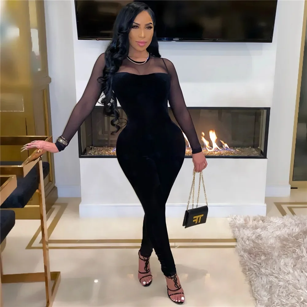 مثير بقماش شفاف المرقعة المخملية بذلة المرأة طويلة الأكمام نحيل ثوب فضفاض للمرأة بذلة أنيقة سليم Bodycon وزرة الحفلات