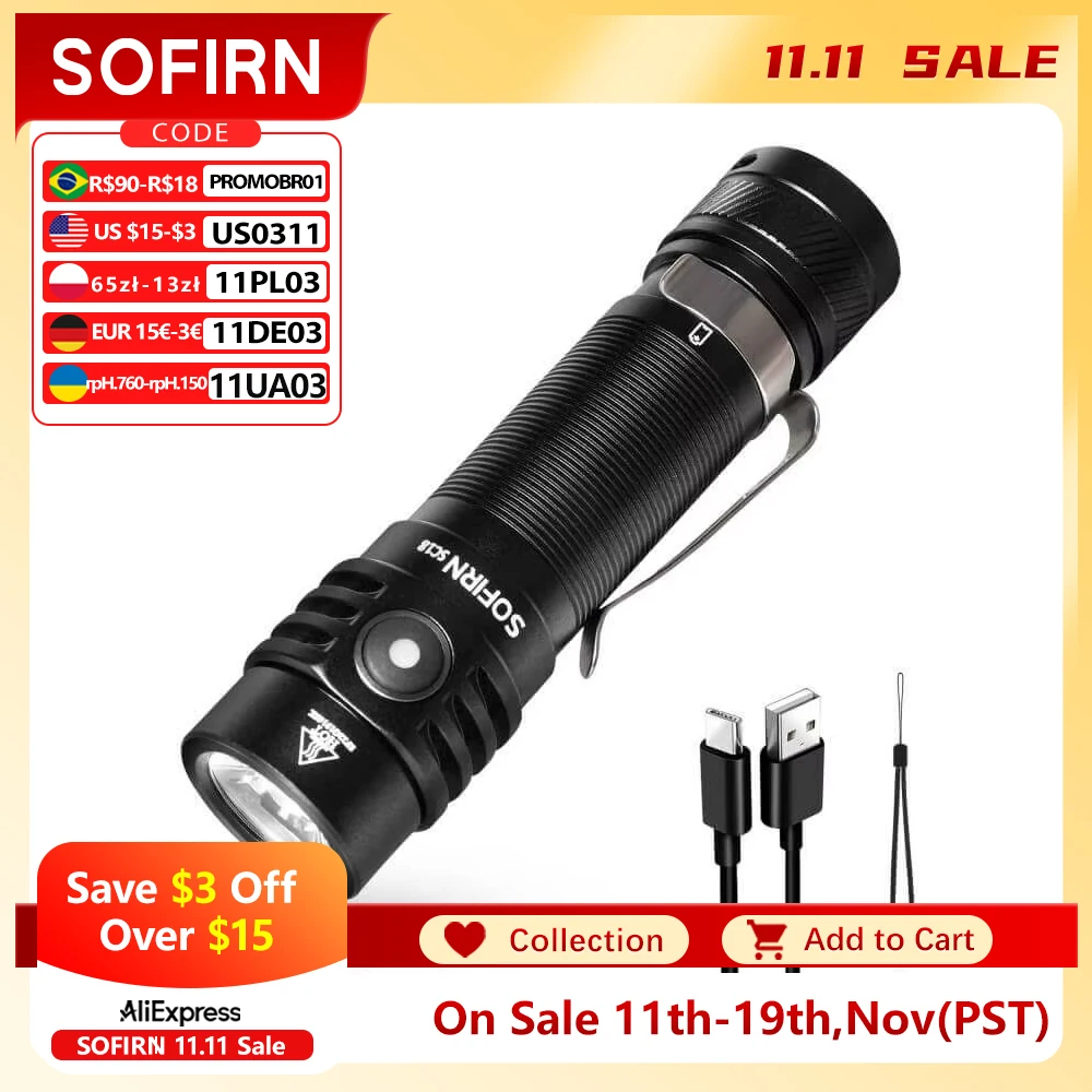 yZ[zSofirn SC18 1800lm SST40 LED 18650 g[` TIR wY EDC d USB C [d^