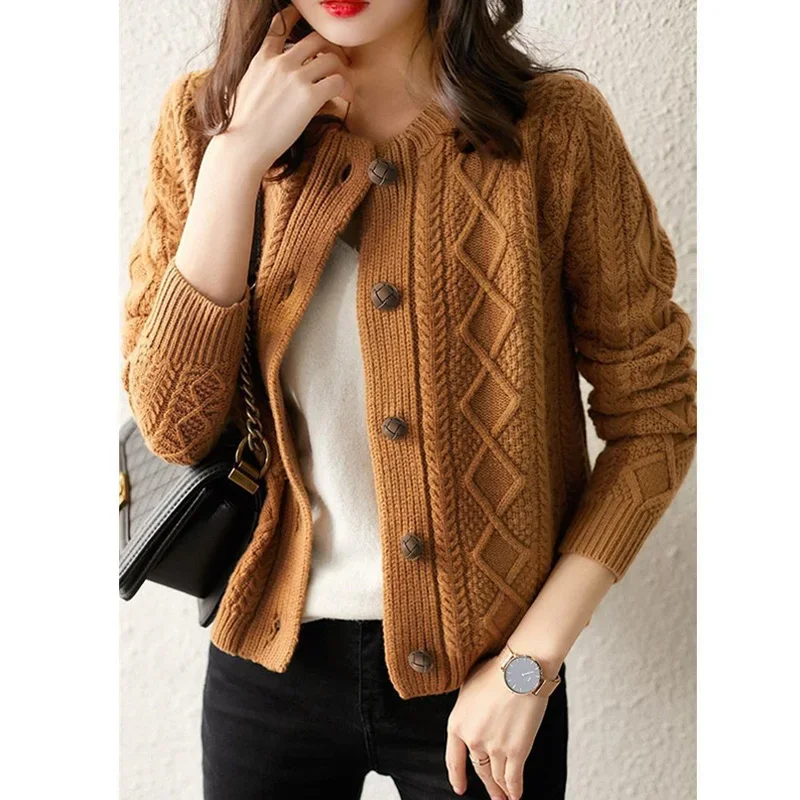 

Autumn Winter Women Korean Fashion Vintage Chic Twisted Solid Color Thick Knitted Sweater Cardigan Buttons Long Sleeve Coat A105