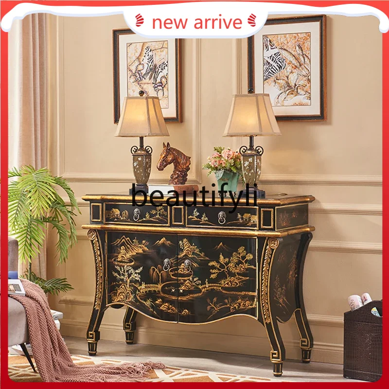 

D2520 Painted solid wood partition porch cabinet Chinese hand-painted Qingming Shanghe diagram dinnerside locker