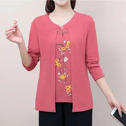 Summer Elegant Fashion Korean Style Retro Sweat Loose T-shirts for Women Office Lady Print Solid O Neck Long Sleeve Chic Tops