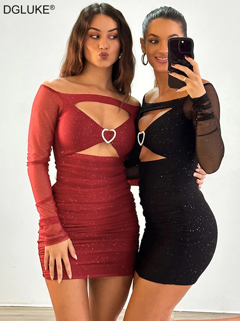 DGLUKE Red Sequin Sexy Mini Dress Off Shoulder Bodycon Long Sleeve Dress Woman Cut Out Glitter Night Club Party Dresses