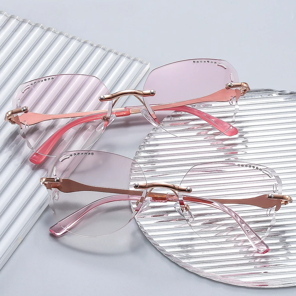 Rahmenlose, ultraleichte Lesebrille mit modischem Diamantschliffkanten-Design für Damen, Anti-Blaulicht und Anti-Ermüdung