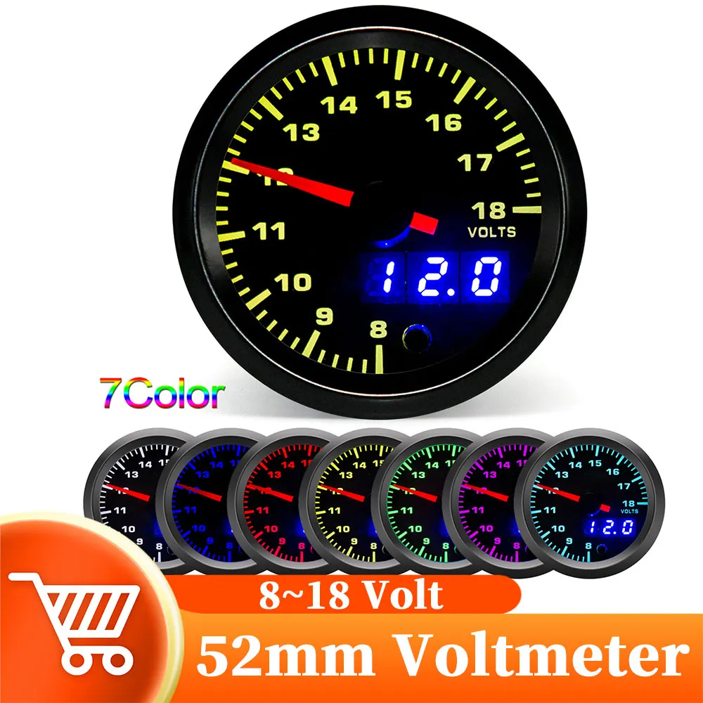 52mm Digital Volt Meter LED Dual Display 7 Colors Backlight Car Voltage Gauge 8-18V 52mm Holder For Racing 12V