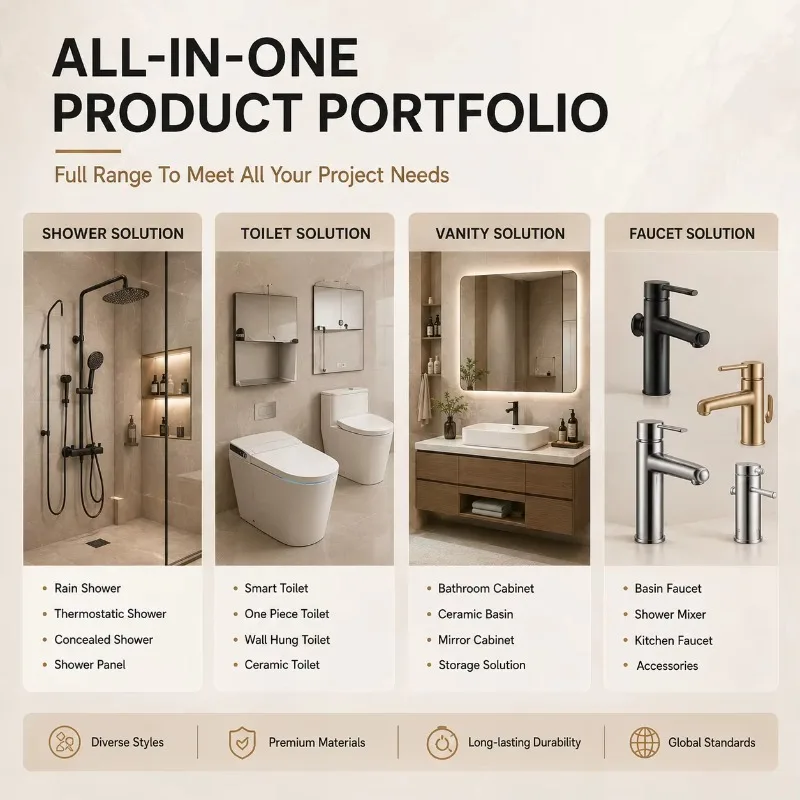 Custom Modern Matte Finish Style Led Mirror Bathtub Smart Toilet One-Stop Bathroom Vanities Sets for Property Development
