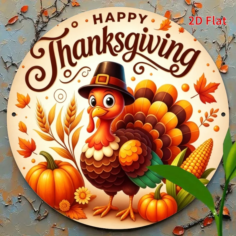 2D Flat, 1pc, Vintage Round Tin Metal Sign - Cartoon Turkey Thanksgiving, Suitable for Vintage Home Decor And Office Wall Decora