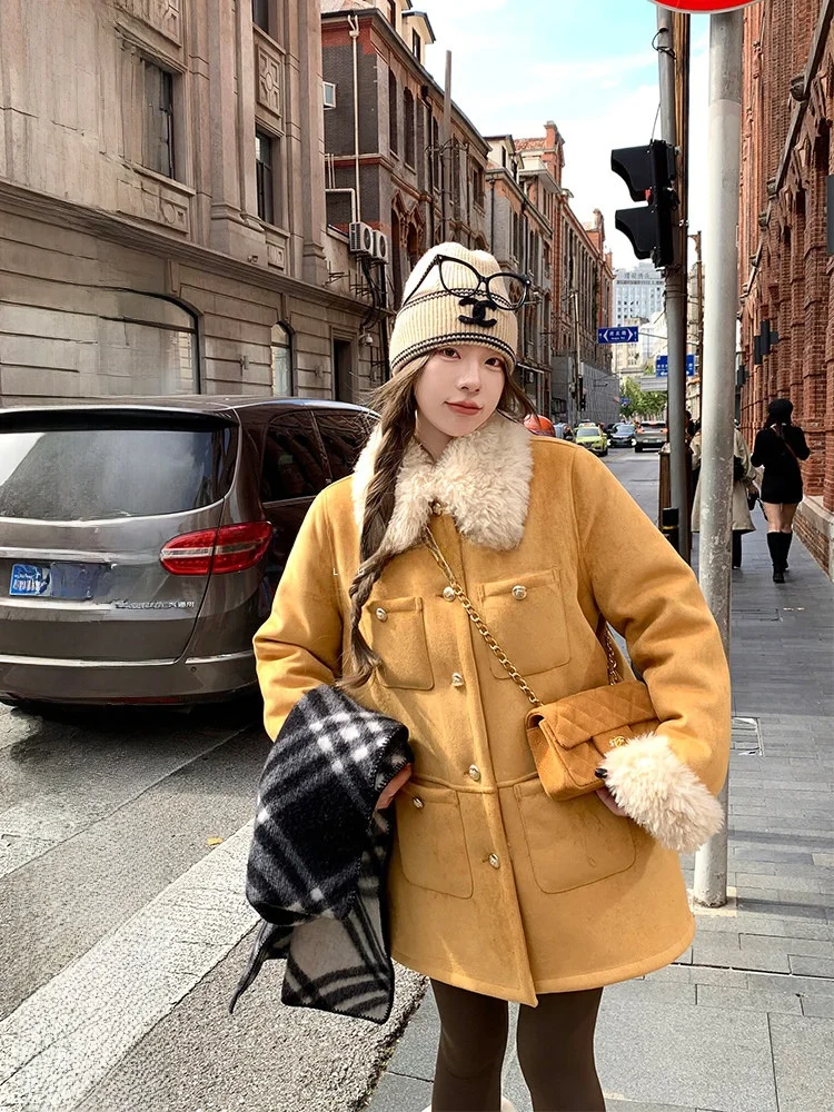 

Женская осенне-зимняя свободная куртка Luu Peach Happy Lamb Fur с воротником и вшитыми элементами из меха ягненка, удлиненная, для повседневной носки