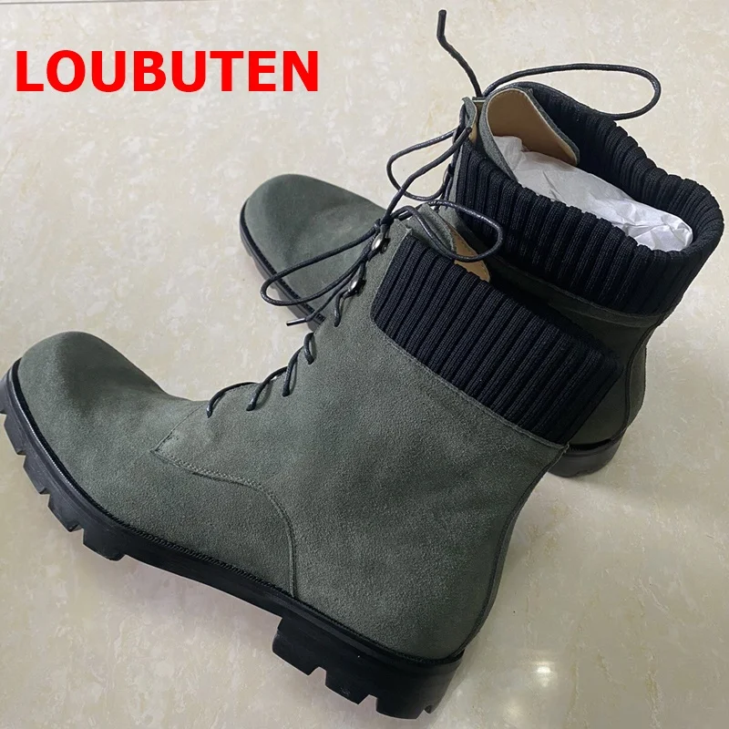 

LOUBUTEN Leather Boots High Quality Green Suede Boots Men Combat Boots British Lace-up Tooling Boots All-Match Middle-Top