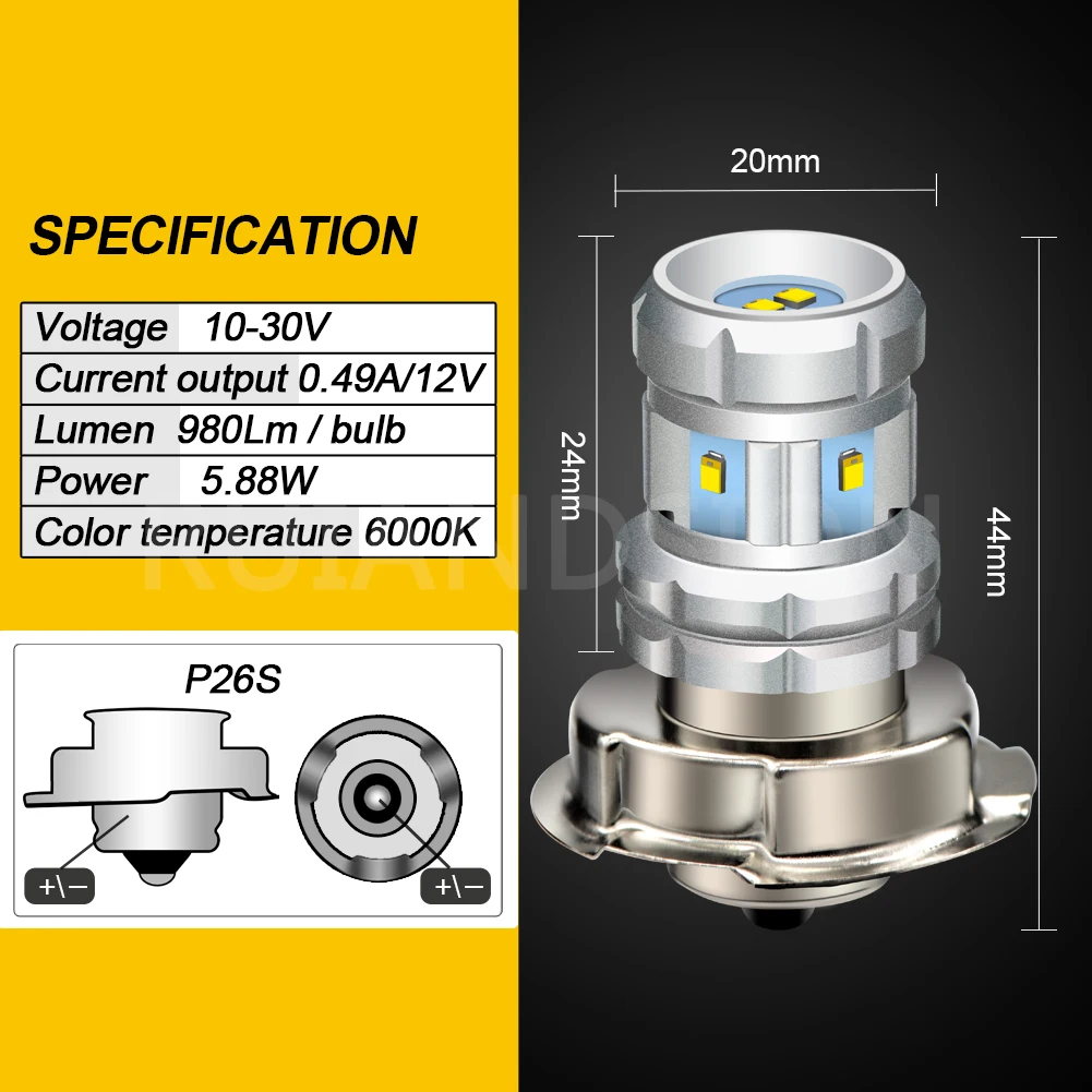 P26S CSP LED Motorcycle Headlight Bulb 6W 10-30V White Light Scooter Moped Front Lamp Replacement High Brightness Plug&Play 2Pcs