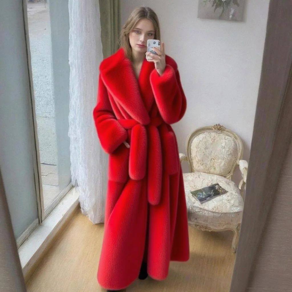 2025年冬 アメリカンスタイル レディースファッション レトロ フェイクファーコート エレガント 気品 ソーシャライト 厚手 プラッシュ レースアップ ロングジャケット