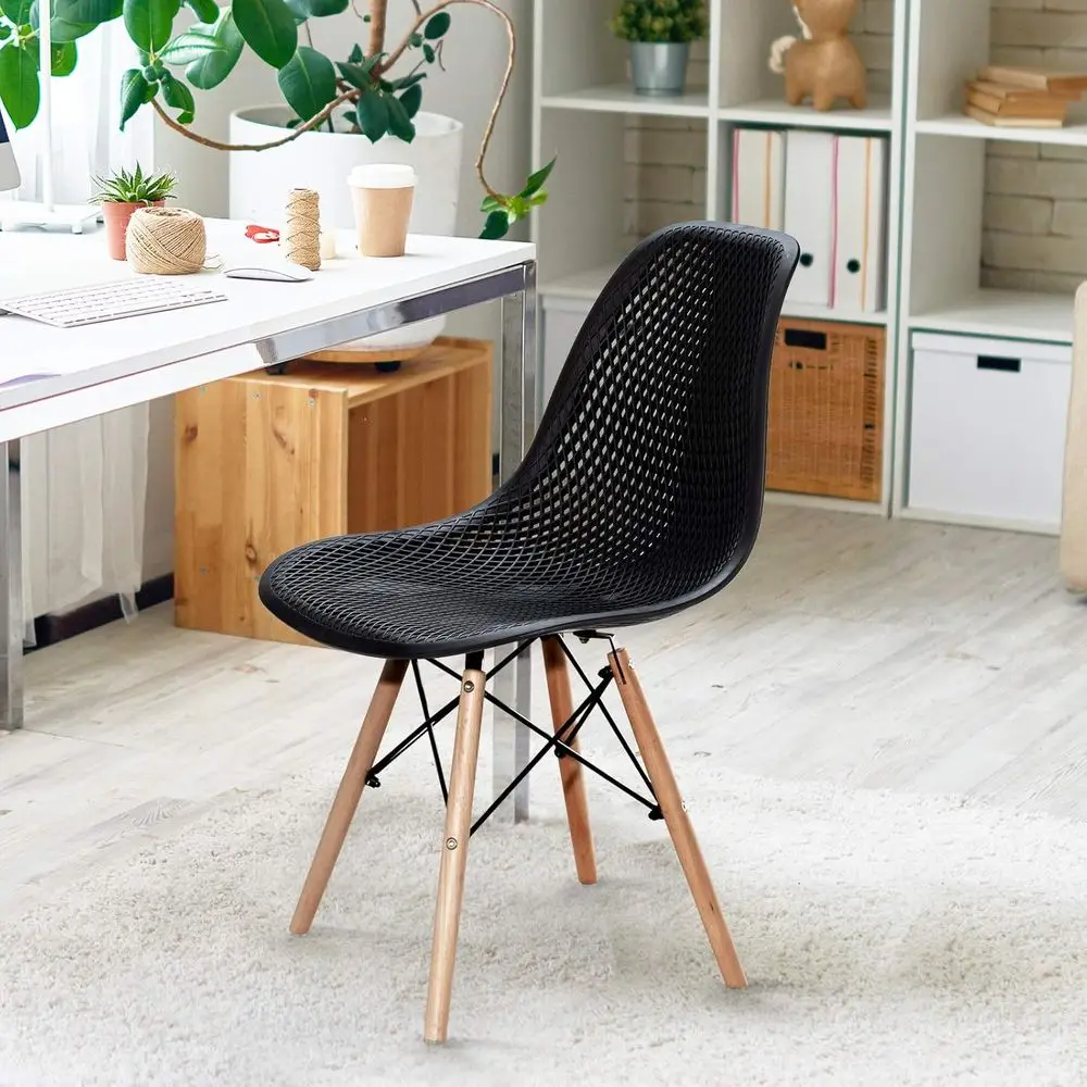 Mesh Design Outdoor Indoor PP Shell Dining Chairs with Wooden Legs, Suitable for Kitchen or Dining Room, Black