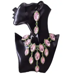 Glass Gemstones Necklace Earring Set Jewelry for Bridal Wedding women Pendant Necklaces Pink V shape women