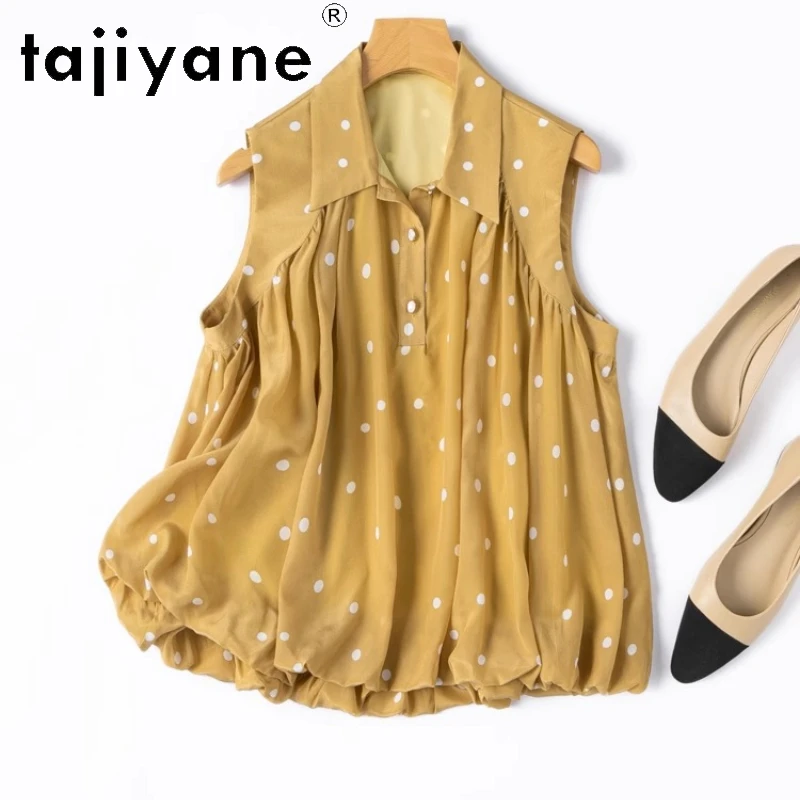 

TAJIYANE 100% Mulberry Silk T Shirts Woman Elegant Polka Dot T Shirt Sleeveless Summer Tops 2025 Women Clothing Футболка Женская