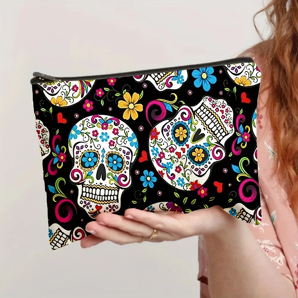 

Portable Flower Skull Cosmetic Bag Linen Fabric Makeup Organizer for Travel Lightweight Fashionable Cosmetic Bag Zipper Pouch