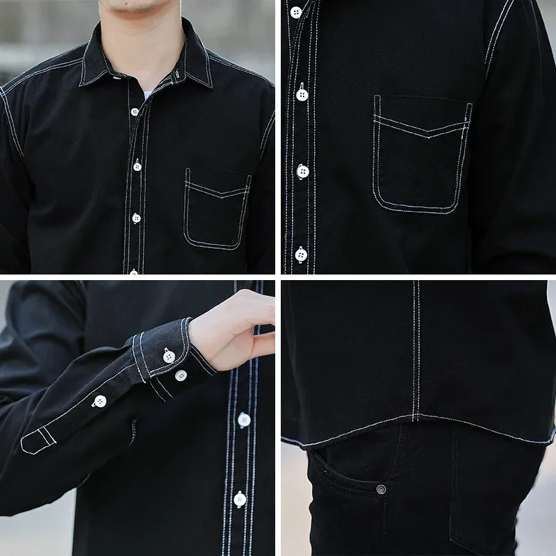 2024 New Black Japanese Casual Shirt Imitation Denim Wash Plain Long Sleeve Shirt Simple Fashion