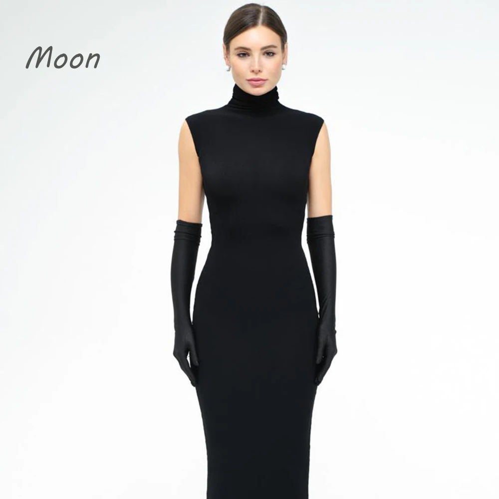 Moon Black women's ankle-length ball Evening gown high neck sleeveless mermaid gloves Birthday formal occasion party dress