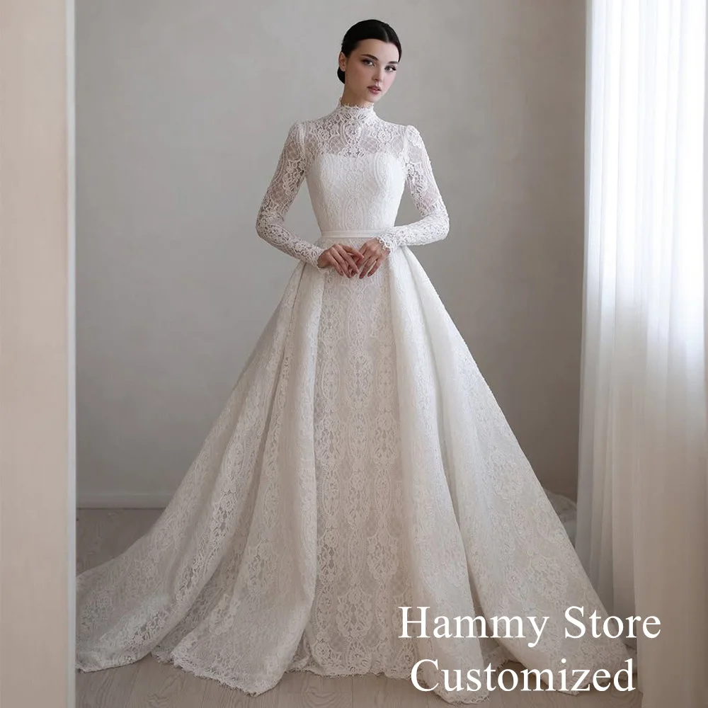 Saud Wedding Dress High Neck Customized Full Sleeves Court Train Vestido De Noiva Arabian Lace Bridal Gown A Line Design