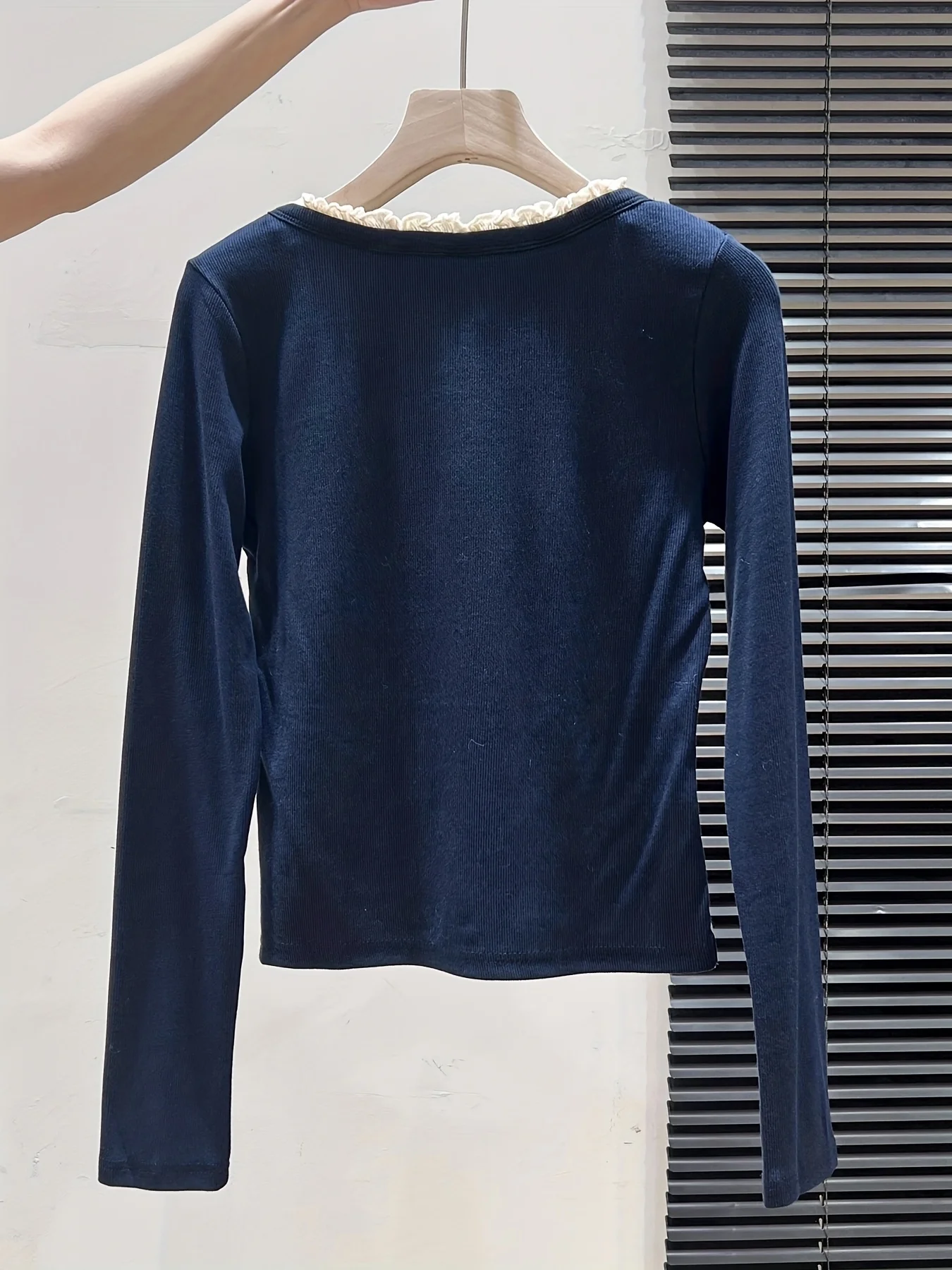 Women's Long-Sleeve T-Shirt with A Round Neck, Faux Two-Piece Design, Bow Tie, and Ruffled Hem view 6