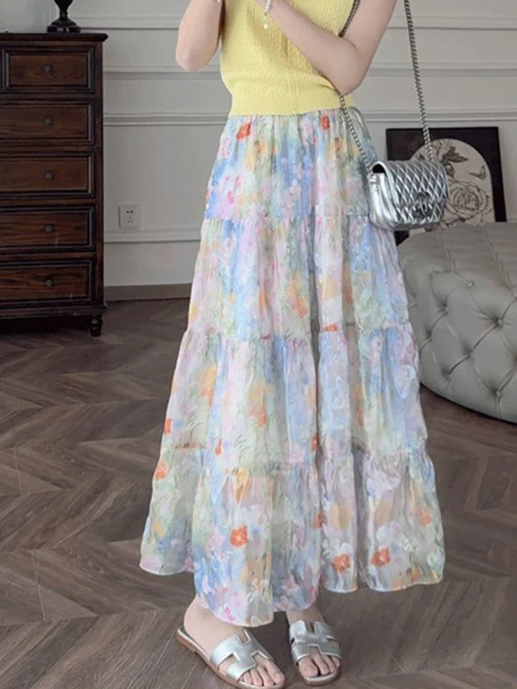 Jmprs Chiffon Floral Long Skirt Women High Waist Vintage Elegant Sweet Skirts Korean Retro Loose Summer Female A Line Long Skirt
