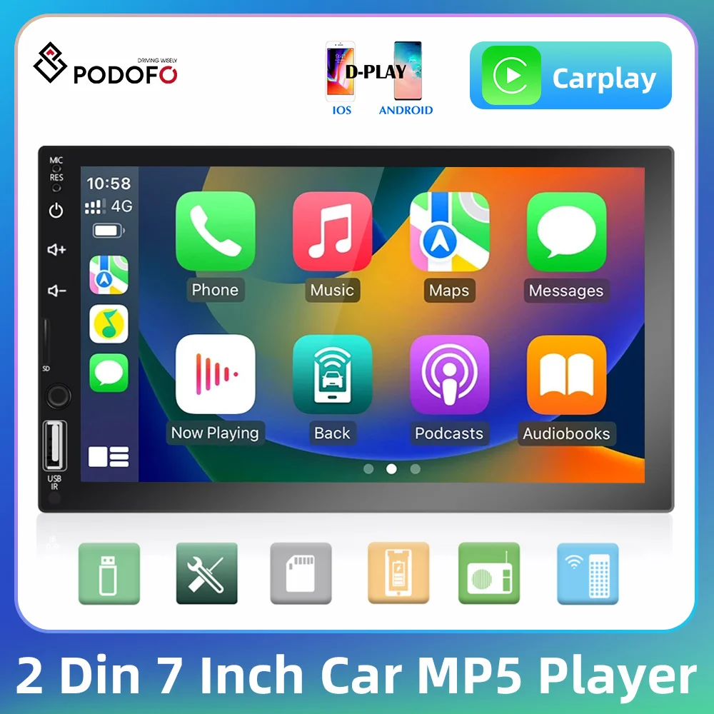 Podofo Android 2din Carplay Car Radio MP5 7'' 1080P HD Bluetooth FM Radio TF USB Mirror Link Android Auto Steering Wheel control