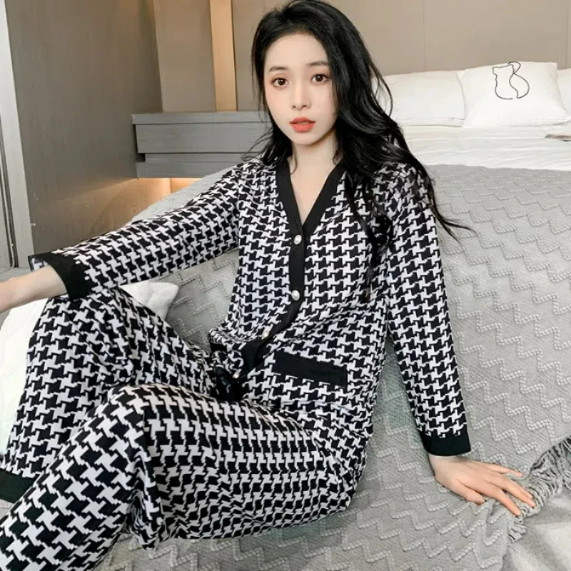 Women\'s Pajamas Set Cotton Button New Korean Cute Print Pijamas Set for Women Femme Nightwear Loungewear Autumn Sleepwear