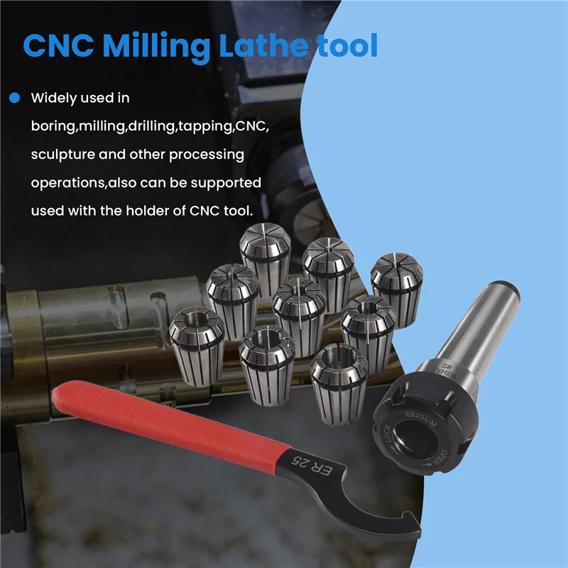 

ABUN-9Pcs Er25 Spring Collets+1Pcs Mt3 M12 Er25 Collet Chuck Morse Taper Holder For Cnc Milling Lathe Tool