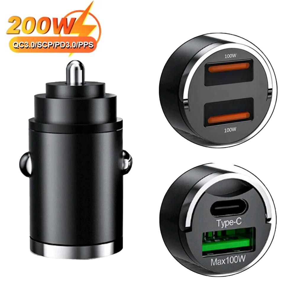 200W Mini Car Charger Fast Charging for IPhone QC3.0 Mini PD USB Type C Car Mobile Phone Charger for Xiaomi Samsung Huawei