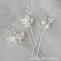 Fashion Hairpin Pearl Ceramic Flower Hair Clip U-shaped Bridal Tiaras Charm Wedding Hair Accessories Princess Prom Hair Jewelry