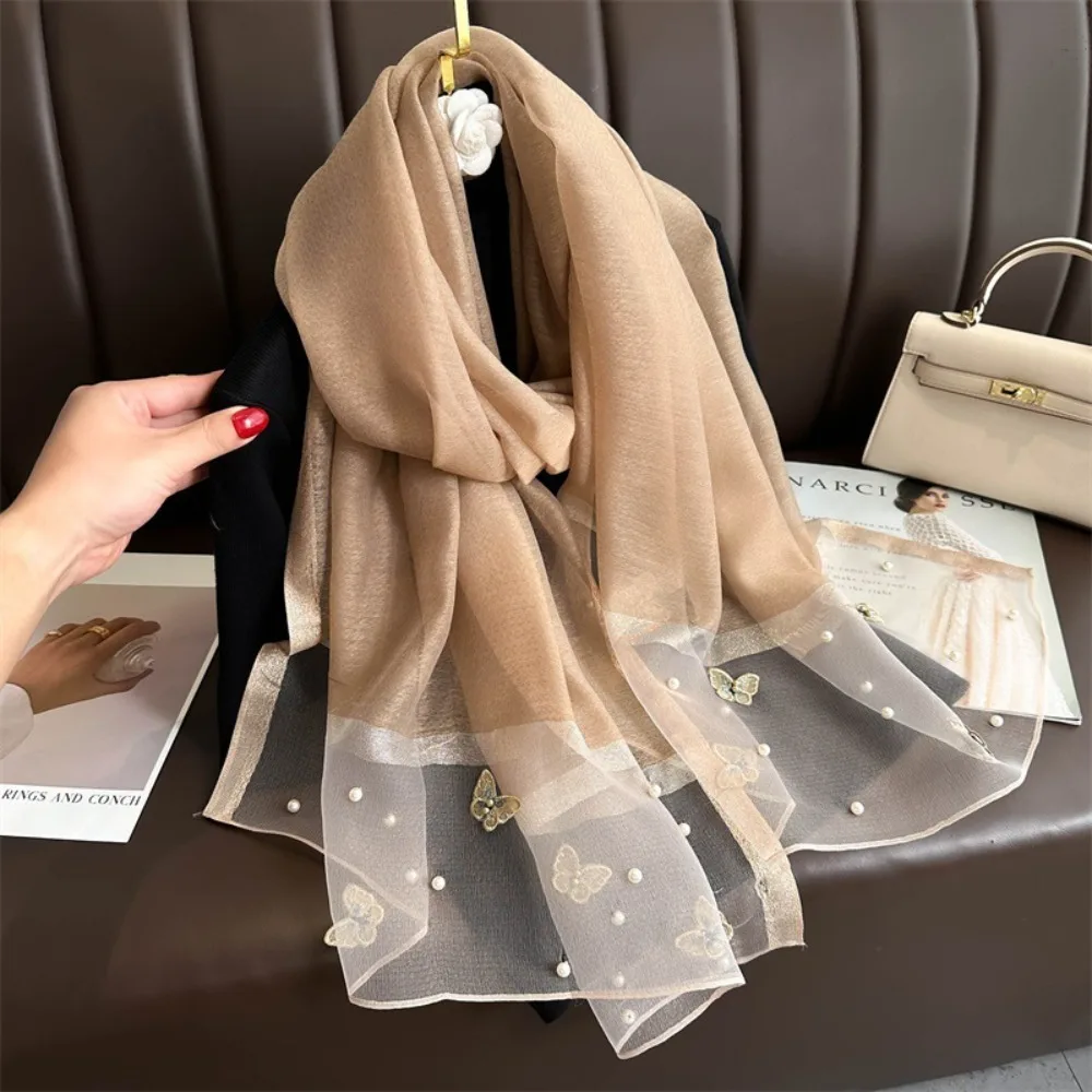 

Fashion Thin Silk Scarf Large Pearl Butterfly Embroidery Scarf Luxury Wraps Women Hijab Shawls Lady