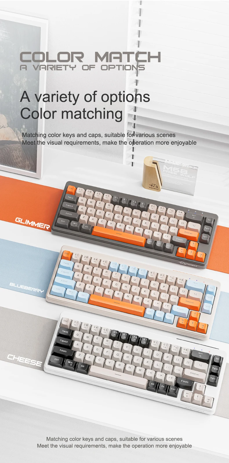 Teclado FREEWOLF M68 de 68 teclas com conexão tri-mode Bluetooth sem fio para jogos e esportes eletrônicos PBT Caps